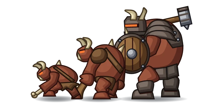Ogres in armour with clubs and shields on the march