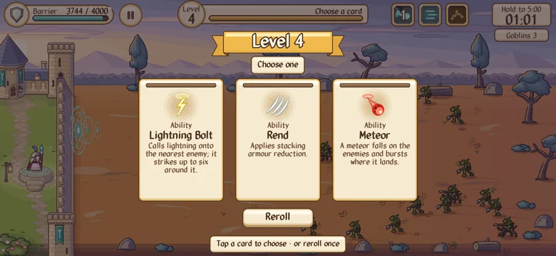 The level-up screen: three cards to choose from, and a reroll