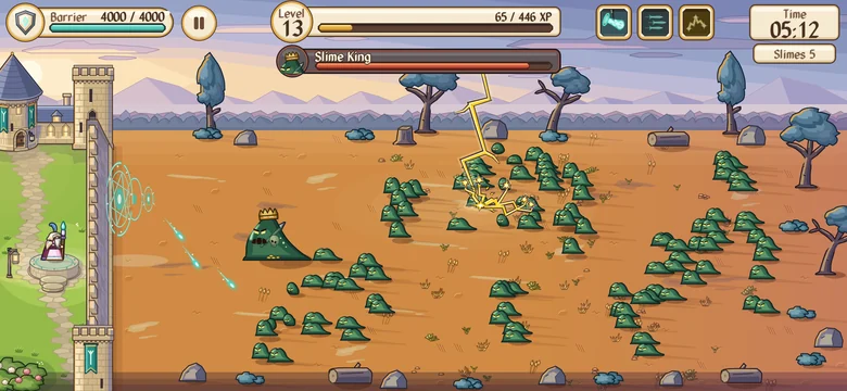 Lightning strikes a pack of slimes in front of the wall